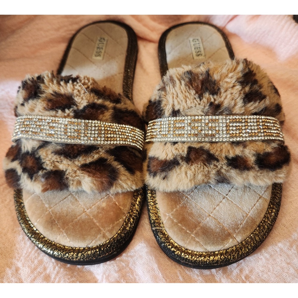 Guess Slippers Women 10 Leopard Faux Fur Rhinestone Good Glam Slides Loungewear